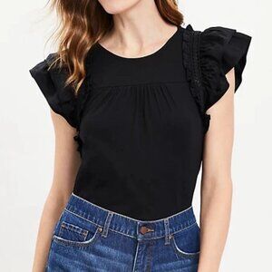 Loft Tiered Ruffle Mixed Media Top Size S Black